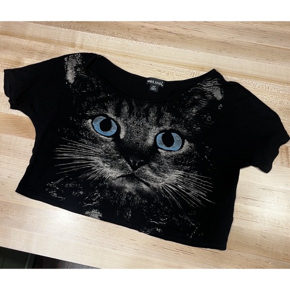 Wet Seal Tops - Vtg Y2K Wet Seal Black Cat Cropped Tee, Women's Size Small